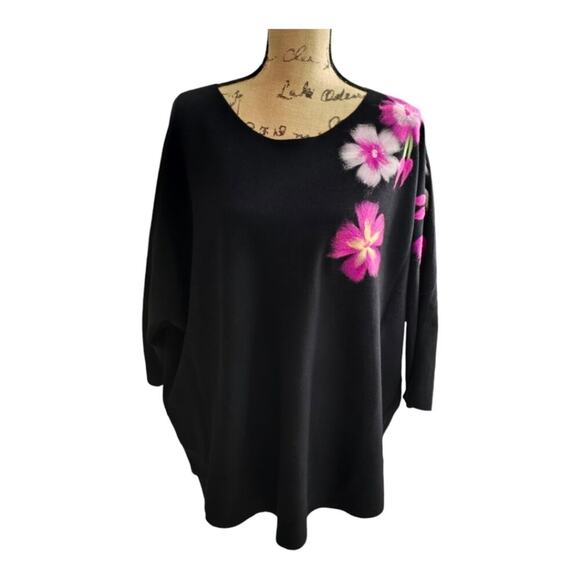 Aaeda Black Pink Floral Dolman Sleeve Super Soft Sweater‎ Plus Size 2X New - Picture 1 of 9